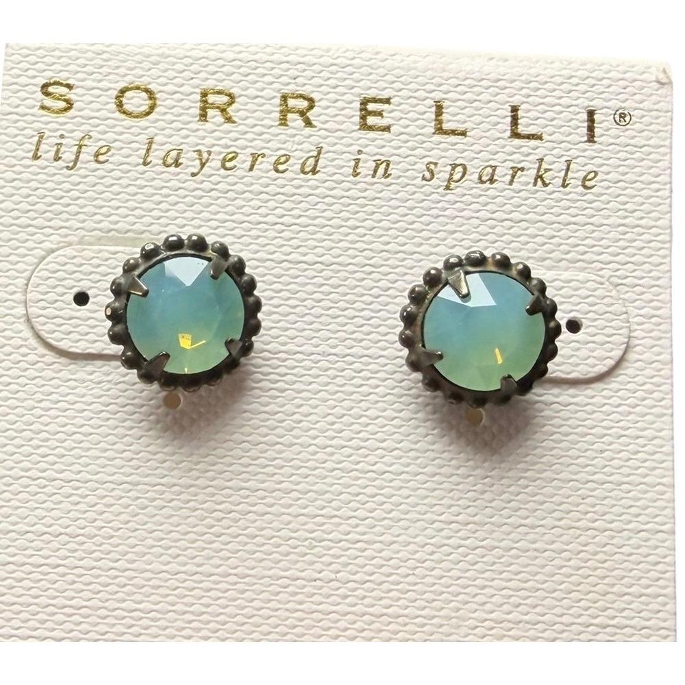 Sorrelli Aqua Crystal Stud Earrings Antiqued Brass Tone Round Faceted Sparkle